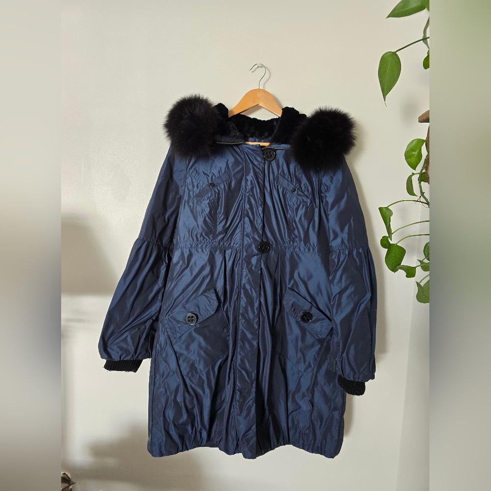 1 Madison Luxe Large Blue Iridescent Coat Fox Fur Lined Hood (Fur Removable.) - Picture 11 of 13
